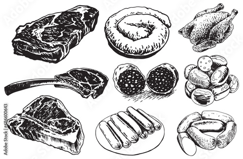 Products of deli. Graphical illustration of steaks, sausages and grilled chicken on white background, vector elements