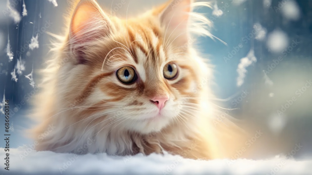 fluffy cat peering through an icy snowy window, showcasing the essence of a cozy and curious feline enjoying the winter scene indoors.