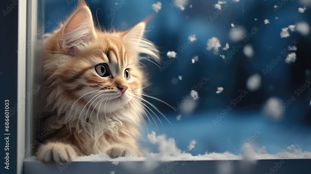 fluffy cat peering through an icy snowy window, showcasing the essence of a cozy and curious feline enjoying the winter scene indoors.