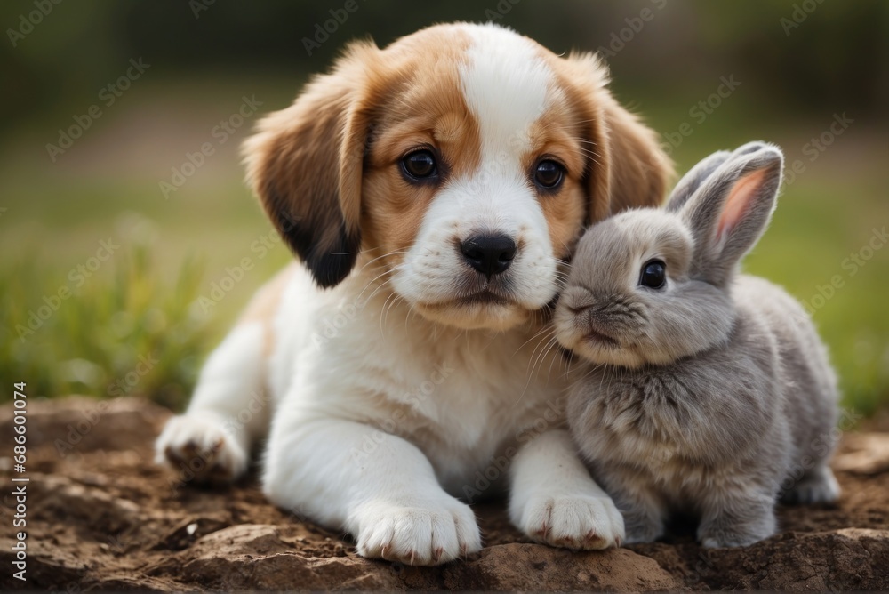 Little puppy with bunny and chick on the grass, Easter concept, AI generated