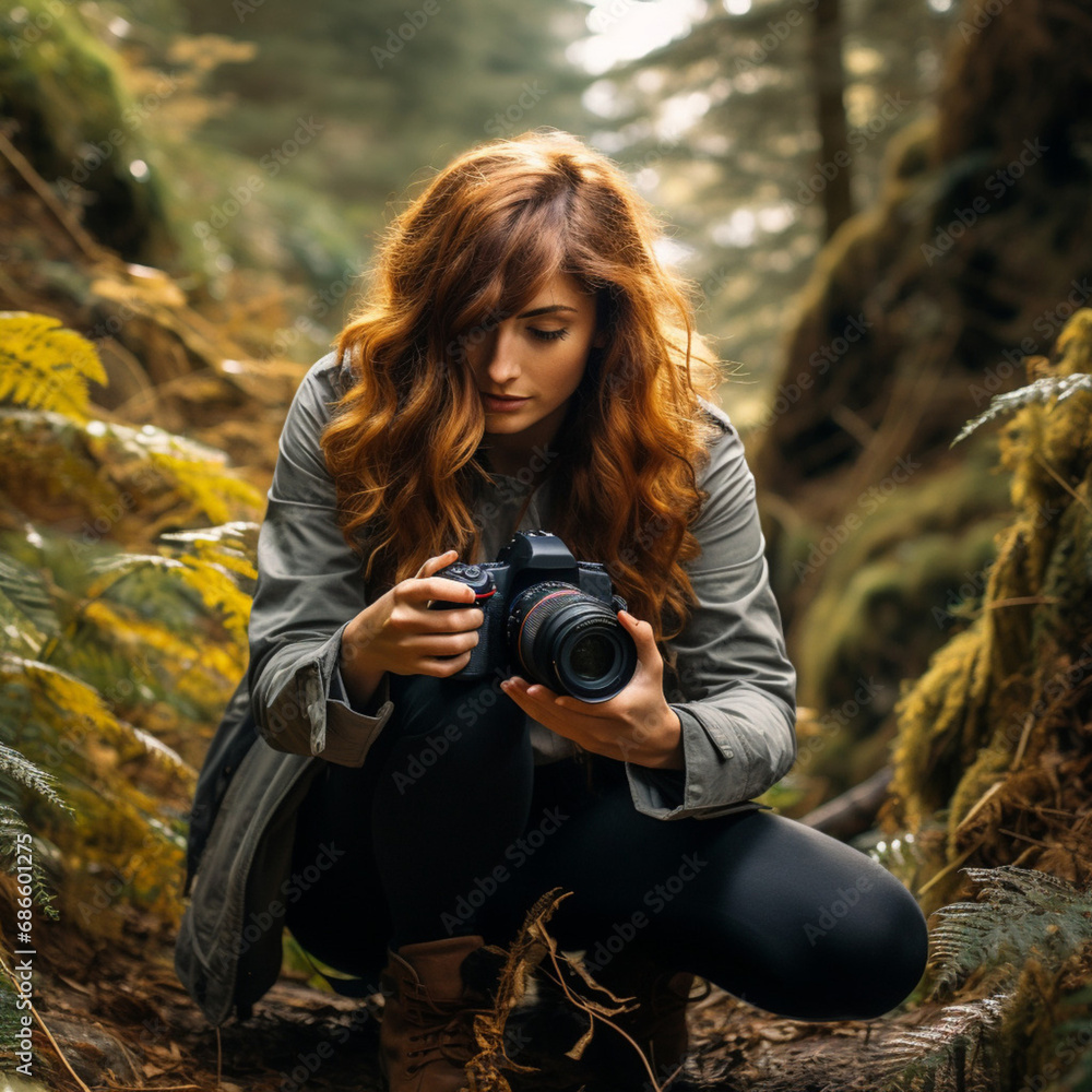 Photographer woman taking photos in the forest. Photographer woman taking photos in the forest.