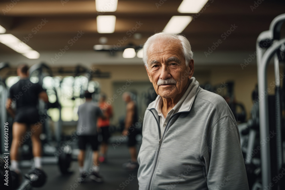 Portrait of an elderly gray-haired man in the gym against the background of exercise equipment. Sports, healthy active lifestyle, senior retired people concepts. Portrait of an elderly gray-haired man in the gym against the background of exercise equipment. Sports, healthy active lifestyle, senior retired people concepts.
