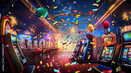 Jackpot confetti explosion in a carnival-themed casino