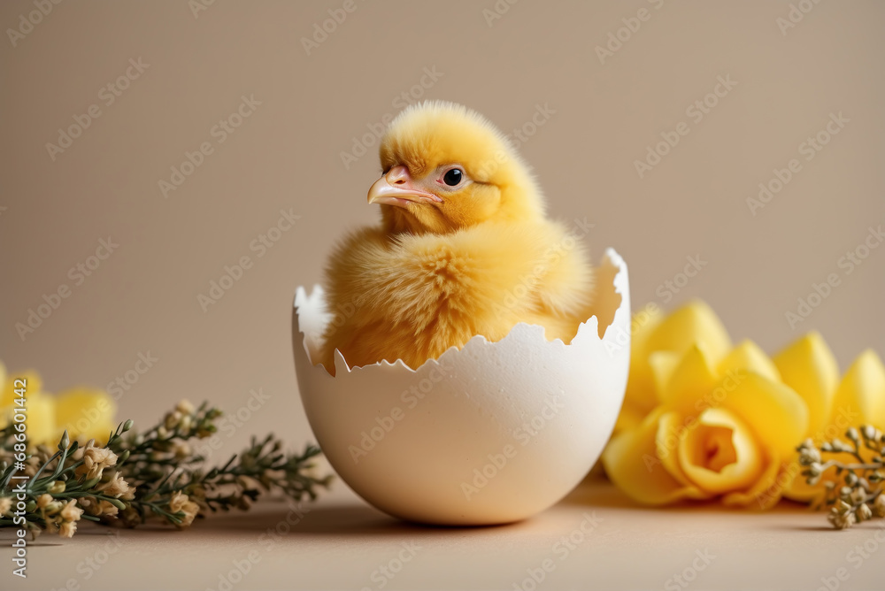 Small yellow chicken in a egg shell, AI generated Small yellow chicken in a egg shell, AI generated