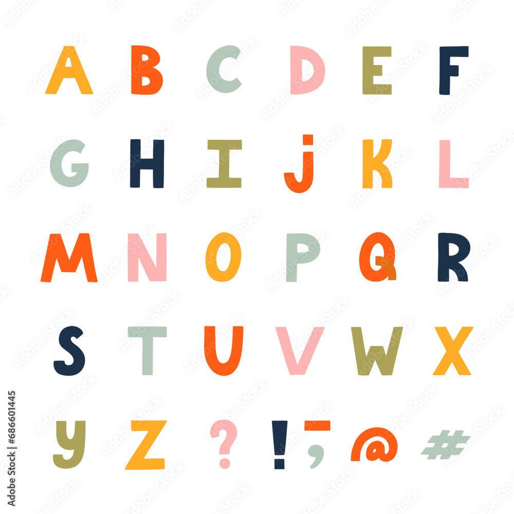 Cute funky 3d alphabet set. Bold playful font. Funny latin ABC with uppercase letters and punctuation marks for cover, logotype, festival headline, greeting card, poster design.