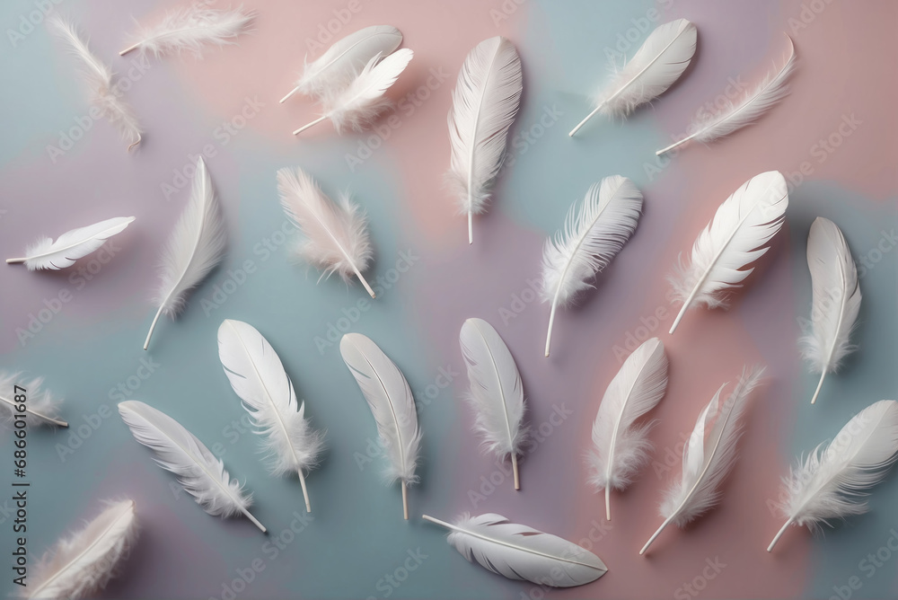 White feathers flying and falling, pastel colors, AI generated White feathers flying and falling, pastel colors, AI generated