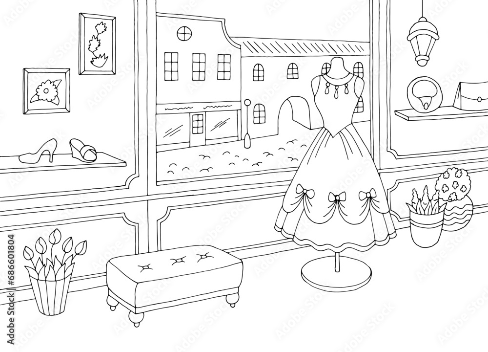 Shop interior graphic black white boutique store sketch illustration vector 
