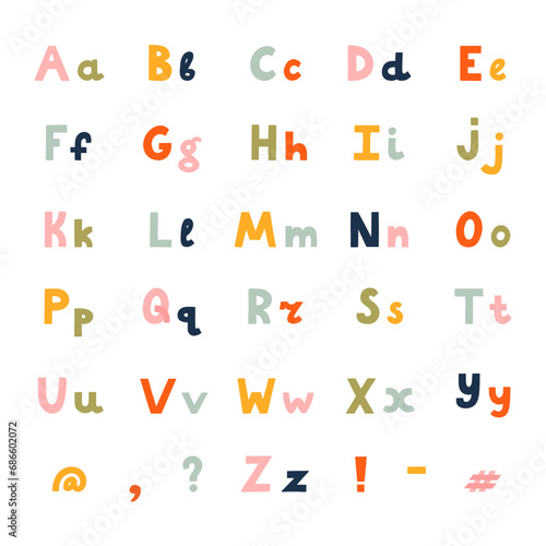 Cute funky 3d alphabet set with uppercase and lowercase letters, punctuation marks. Big collection of bold playful font. Funny latin ABC for book cover, logotype, festival headline