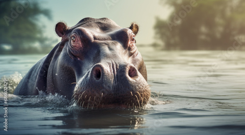 Common hippopotamus or hippo (Hippopotamus amphibius) showing aggression.