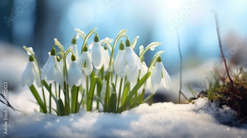 delicate beauty of the first snowdrop flowers emerging from melting snow. Ideal for celebrating the arrival of spring or creating an enchanting March 8th visual. Soft focus and vibrant blooms