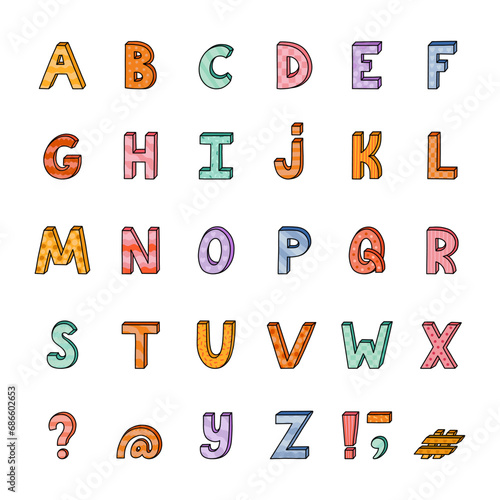 Cute funky 3d alphabet set with memphis decoration and outline. Patterned bold font with shadow. Funny latin ABC with uppercase letters, punctuation marks for cover, logo, festival headline.