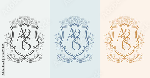 Elegant A and S initial letter wedding crest monogram logo. Floral crest design for wedding invitations vector illustration. photo