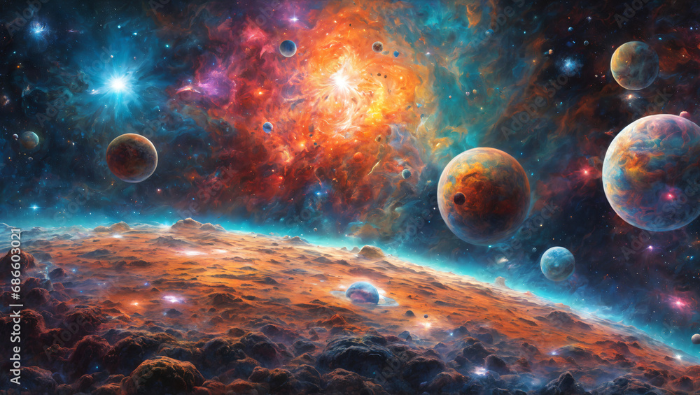 A captivating depiction of space exploration amidst cosmic phenomena, revealing breathtaking galaxies, colorful nebulae, and distant celestial bodies, offering a stunning and high-quality view of the 