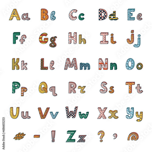 Cute funky 3d alphabet set with contrast outline and memphis decoration. Patterned bold font with shadow. Funny latin ABC with uppercase letters, punctuation marks for cover, logo, festival headline