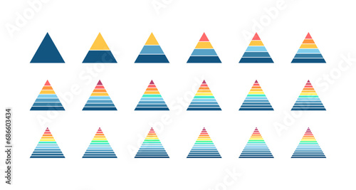 Business infographics. Pyramid charts with 1-18 steps, options, layers, levels. Vector diagrams.