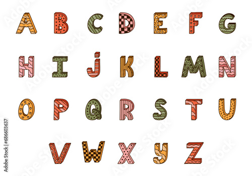 Cute funky 3d alphabet set with contrast outline and memphis decoration. Patterned bold font with shadow. Funny latin ABC with uppercase letters for book cover, logo, festival headline, greeting card