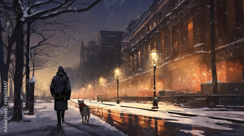 A man walks his dog along a city street blanketed in fresh snow, encapsulating urban beauty and the calm serenity of winter in a metropolitan center