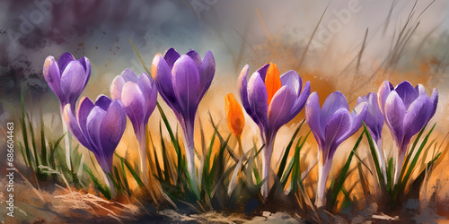 Flowering purple crocuses on spring meadow, watercolor painting.