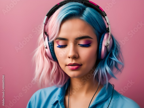 a blue hair woman wearing headphones, on an empty pink background