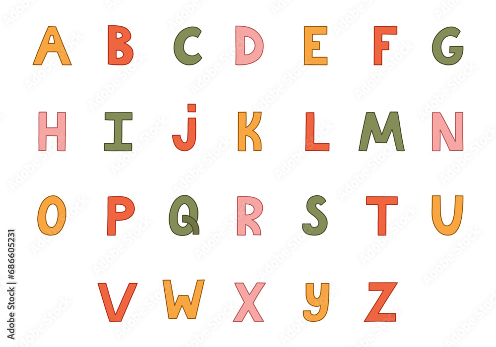 Cute funky alphabet set with hand drawn outline. Simple bold font. Funny latin ABC with uppercase letters for book cover, headline, greeting card. Typography for retro design and logo. Cute funky alphabet set with hand drawn outline. Simple bold font. Funny latin ABC with uppercase letters for book cover, headline, greeting card. Typography for retro design and logo.