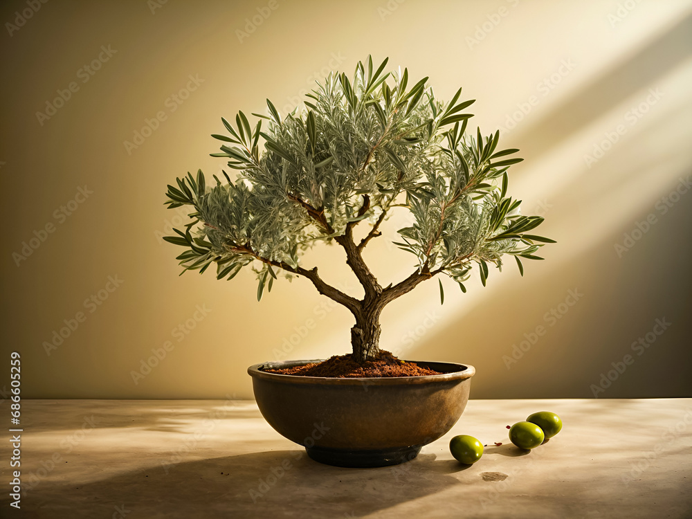 An olive tree branch, positioned in a simple pot An olive tree branch, positioned in a simple pot