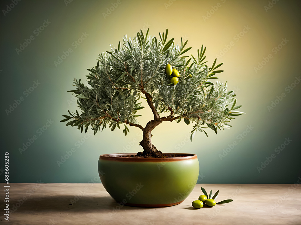 An olive tree branch, positioned in a simple pot An olive tree branch, positioned in a simple pot