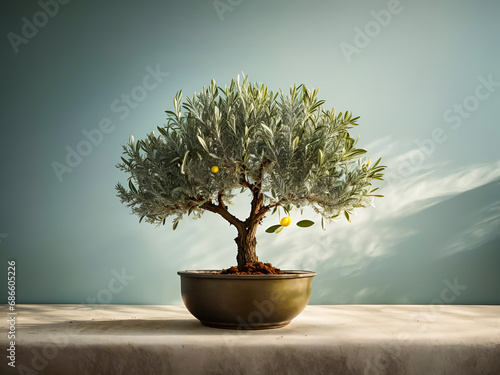 An olive tree branch, positioned in a simple pot