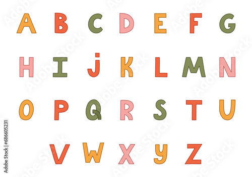 Cute funky alphabet set with hand drawn outline. Simple bold font. Funny latin ABC with uppercase letters for book cover, headline, greeting card. Typography for retro design and logo.