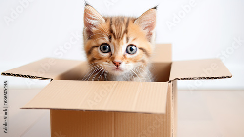 A ginger kitten sits in a cardboard parcel box in the room.