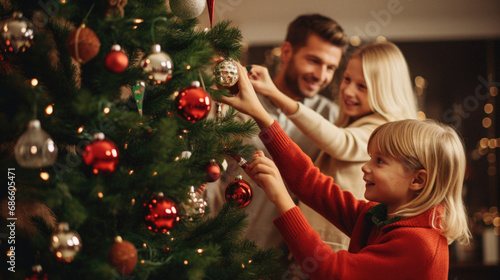 Happy family decorating christmas tree at home. Mother, father and their little daughter are preparing for Christmas.