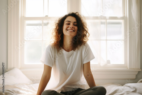Free Download Elegance in Comfort: Woman in Neutral T-Shirt Mockup - GFXLoad