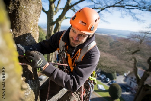Portrait brave Caucasian male man guy worker arborist climbing cutting branches trees chainsaw uniform equipment secured safety ropes lumberjack working height preparing tools pruner action helmet saw