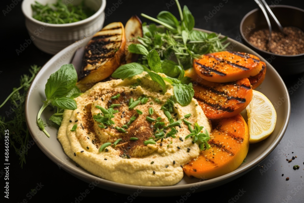 Hummus, baked sweet potatoes and pesto sauce in a plate Hummus, baked sweet potatoes and pesto sauce in a plate