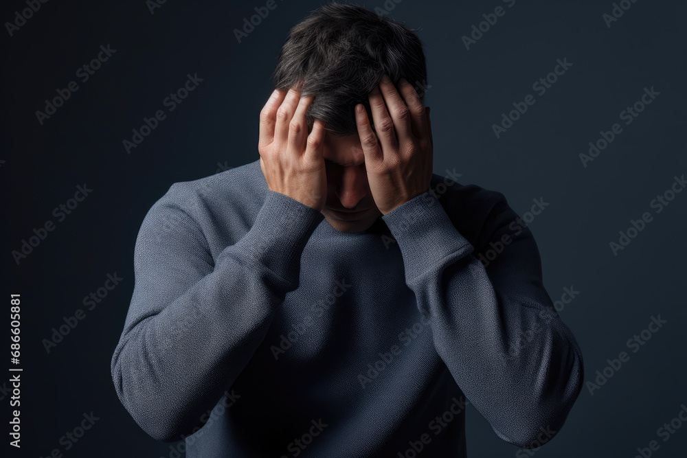 Mature man shielding eyes post-fall in trendcore tones Mature man shielding eyes post-fall in trendcore tones