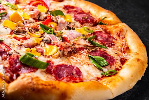 Pizza with Mozzarella cheese, salami, chicken meat, beef, ham, Tomato sauce, pepper, spices