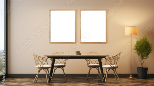 Mockup of posters or framed paintings in a dining room with a wooden table and chairs © Julia Jones