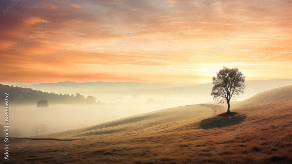 Serene Sunrise Over Misty Hills with Solitary Tree