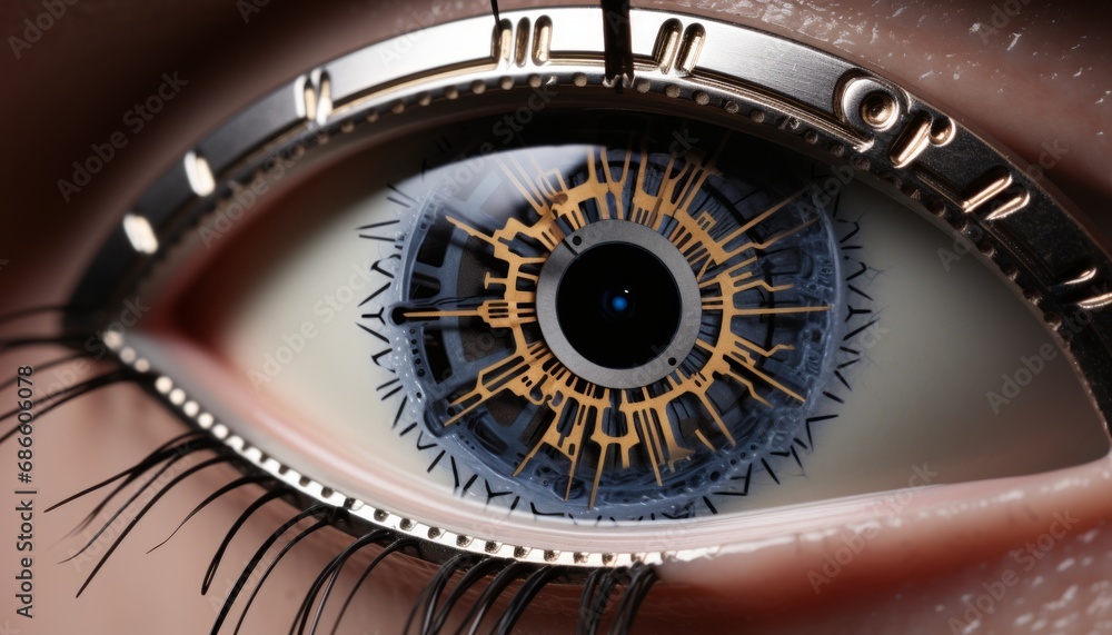 Futuristic eye with advanced tech and digital focus on business concepts of time and vision