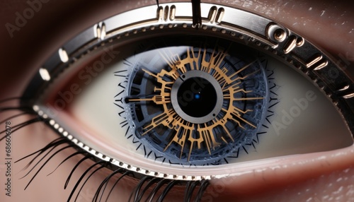 Futuristic eye with advanced tech and digital focus on business concepts of time and vision