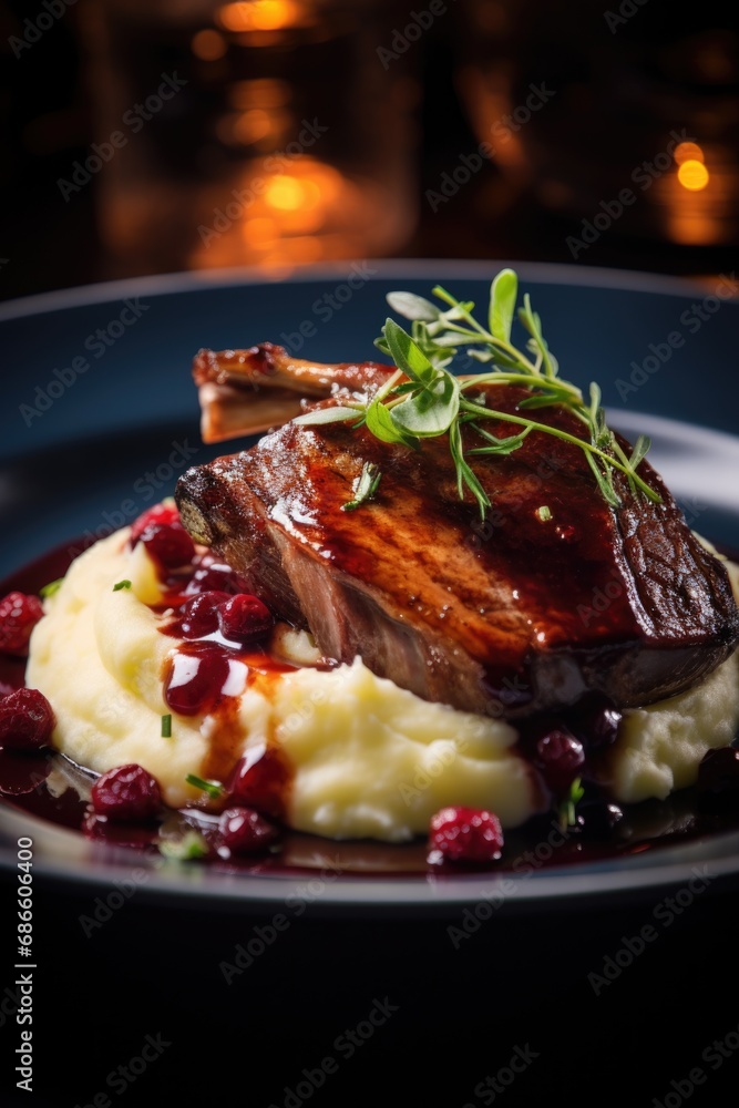 Baked duck leg with mashed potatoes and cranberry sauce