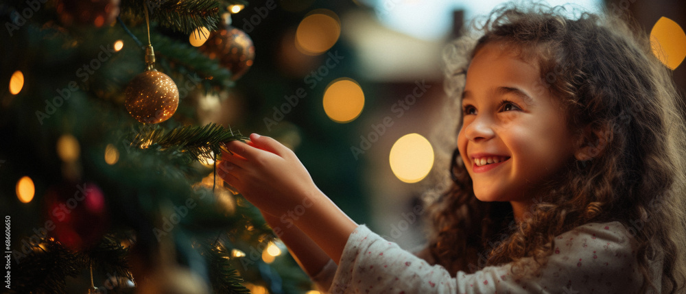 Happy little girl decorating christmas tree in living room at home.
