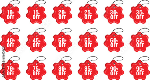 Discount badges or sale offer 5, 10, 15, 20, 25, 30, 50,  60, 65, percent off badge. price tag design template vector
