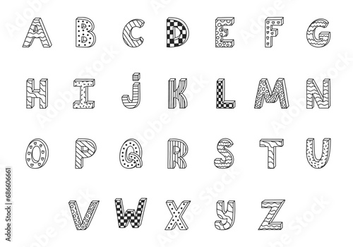 Doodle funky 3d alphabet set with hand drawn outline and memphis decoration. Patterned bold font with shadow. Funny latin black and white ABC with uppercase letters for poster, design template