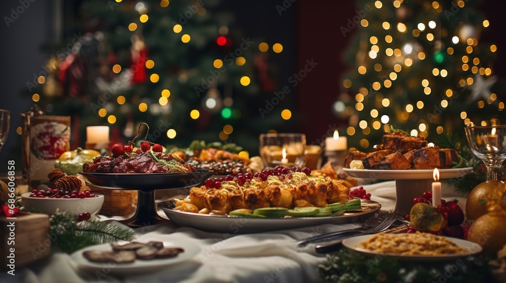 Christmas Dinner Table Full of Dishes with Food and Snacks, Christmas Event
