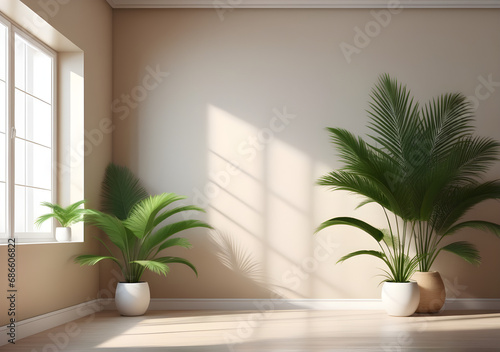 Empty beige room interior with palm leaves plant. Modern 3d living room, office or gallery with shadows and sunlight from the window on the wall, realistic illustration. AI Generative 