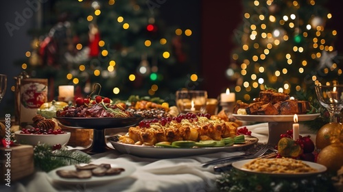 Christmas Dinner Table Full of Dishes with Food and Snacks, Christmas Event 