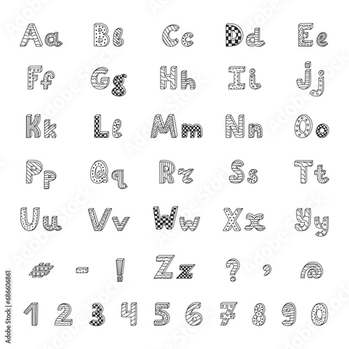 Cute doodle 3d alphabet set with hand drawn outline and memphis. Patterned bold black and white font with shadow. Funny latin ABC with uppercase, lowercase letters, punctuation marks and numbers