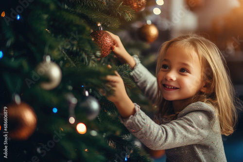 Cute little girl decorating the Christmas tree at home. Happy childhood.
