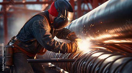 Skilled welder assembling durable pipelines