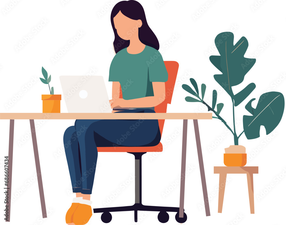 girl with laptop sitting on chair. Freelance or learning concept. Cute illustration in flat style. girl with laptop sitting on chair. Freelance or learning concept. Cute illustration in flat style.